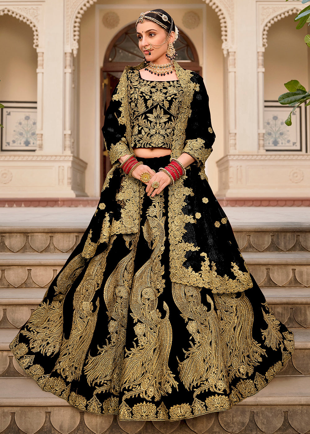 Black Gold Embroidered Velvet Wedding Lehenga Choli