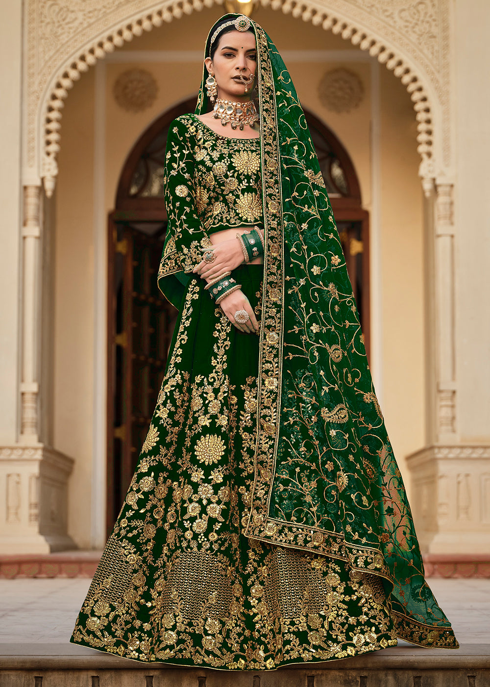 Velvet Lehenga Choli US - Green Fancy Dori & Stone Work Lehenga Choli   Empress Clothing
