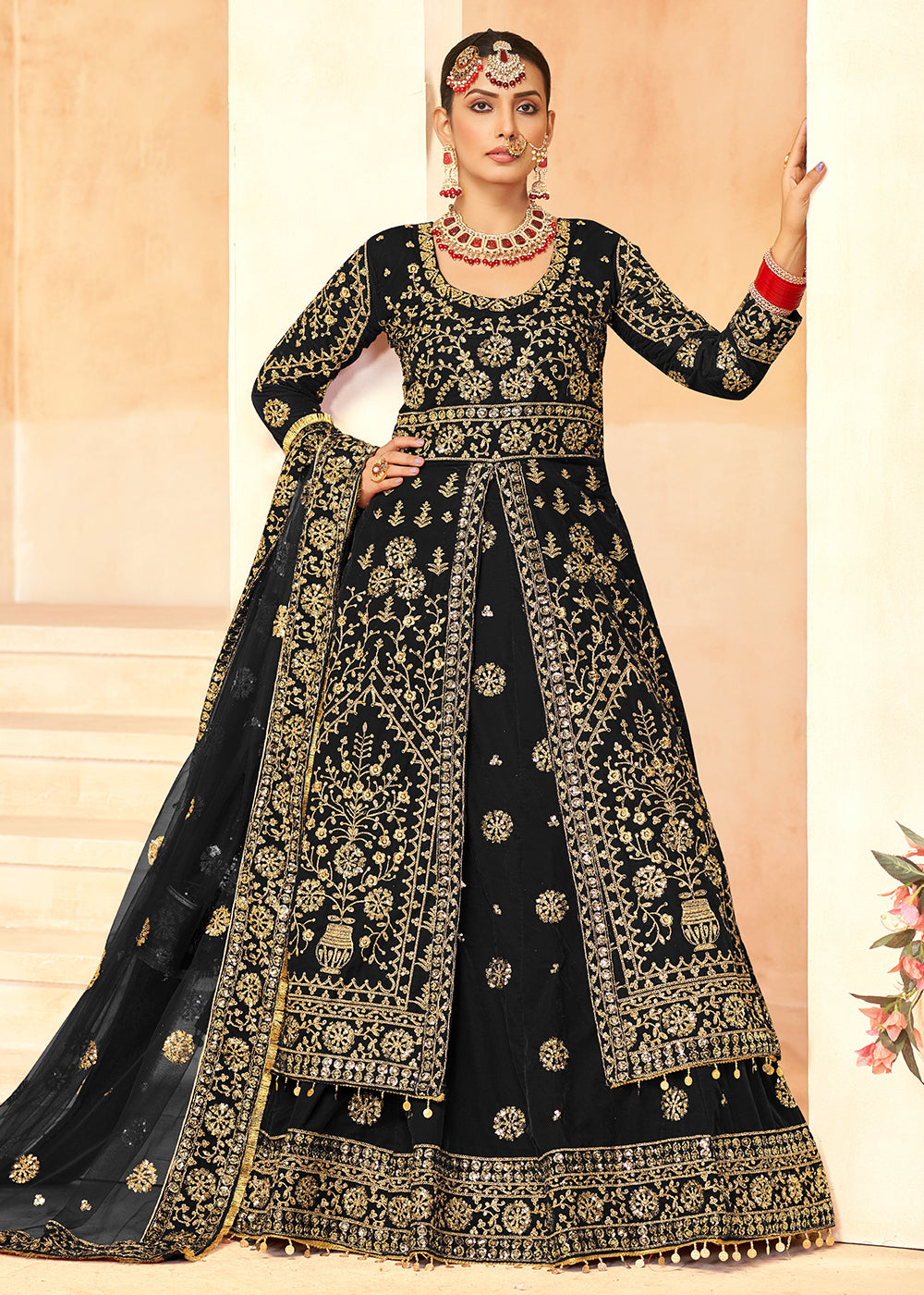 Tempting Black Anarkali Style Velvet Wedding Lehenga Choli