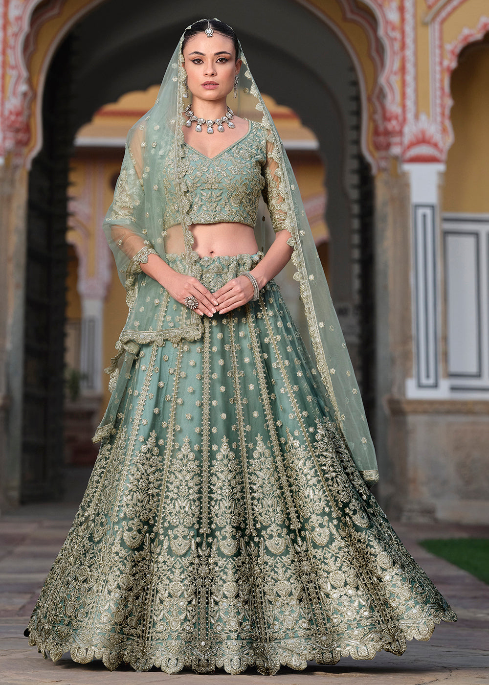 Wedding Lehenga in USA - Designer Green Net Embroidered Lehenga Choli Wedding Lehenga in USA - Designer Green Net Embroidered Lehenga Choli