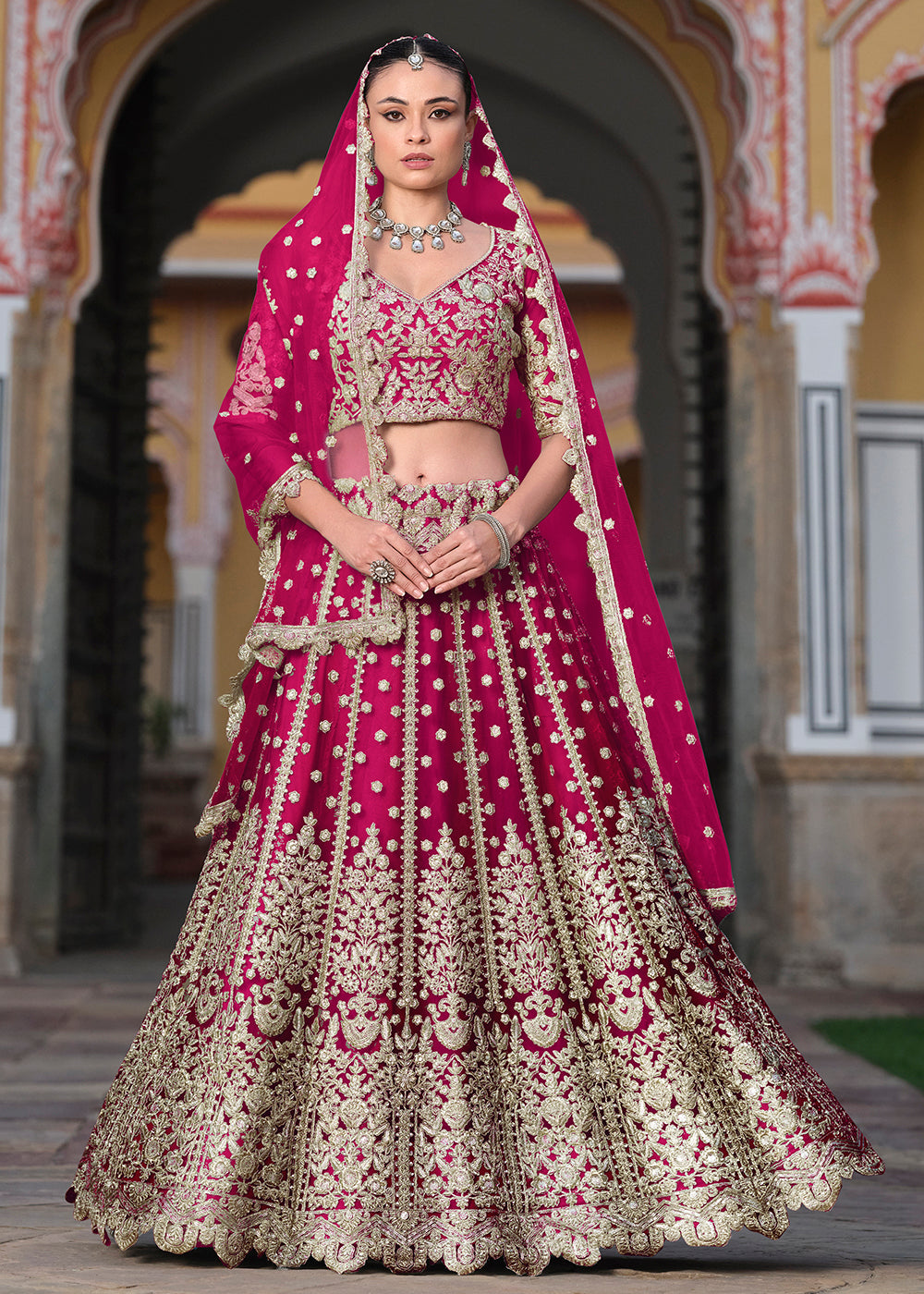 Designer Pink Net Embroidered Wedding Lehenga Choli