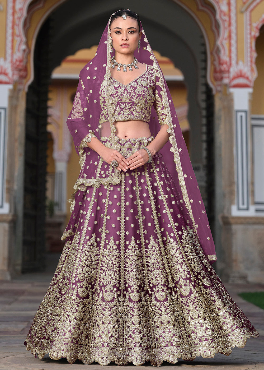 purple and gold indian wedding dress Purple And Gold Indian Wedding Dress Amethyst Purple Sharara: Embroidered Pakistani Wedding Dress