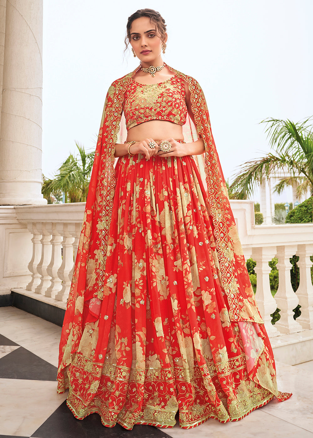 carrot red color dress Digital Printed Carrot Red Designer Trendy Lehenga Choli