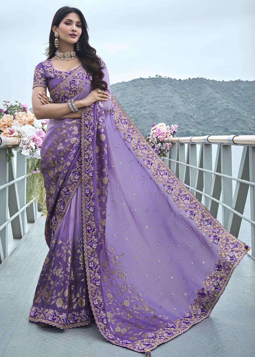Buy Designer Wedding Saree Lavender Viscose Silk Embroidered