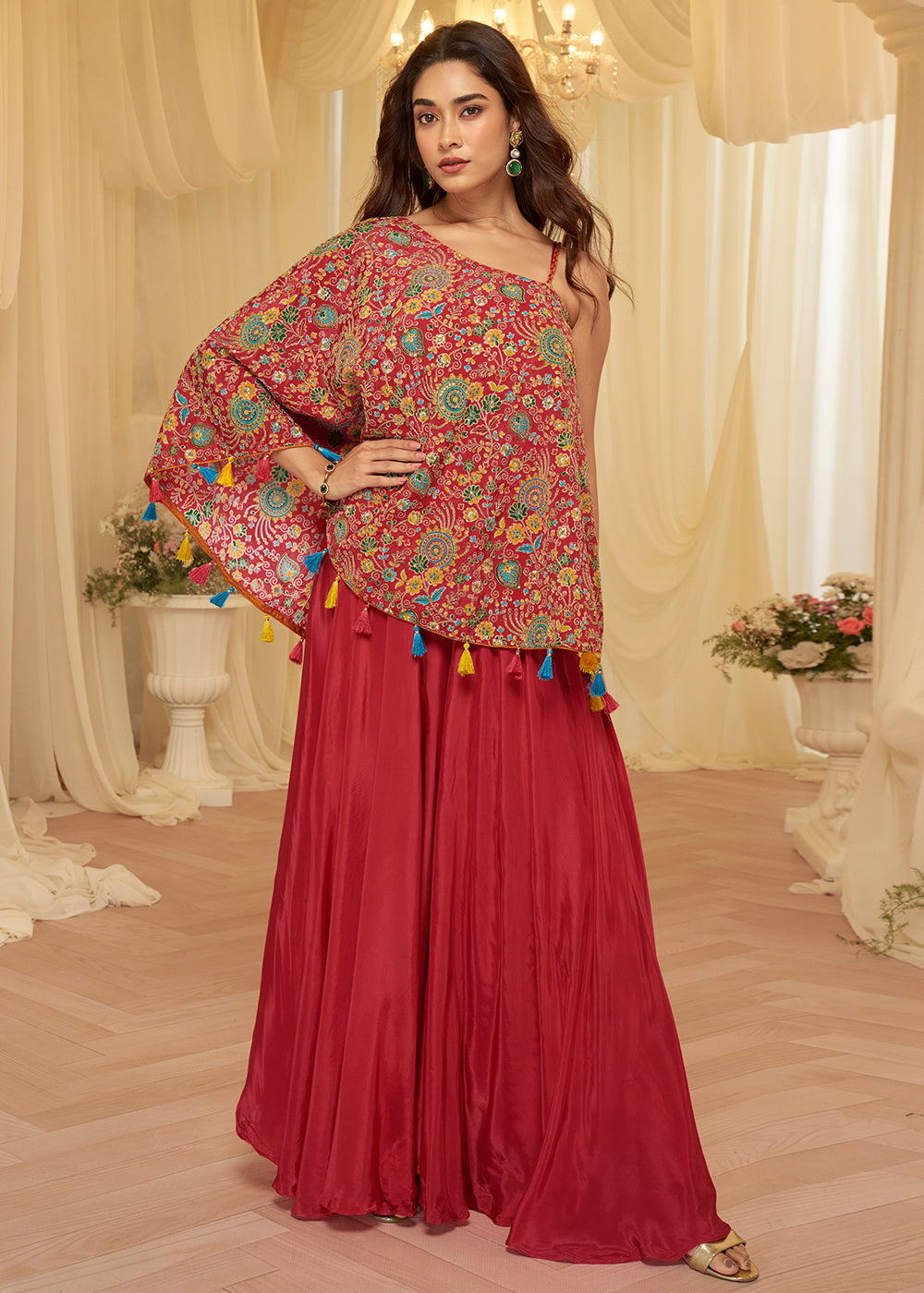 open lace back dress Red Silk Indo Western with Zardosi Work