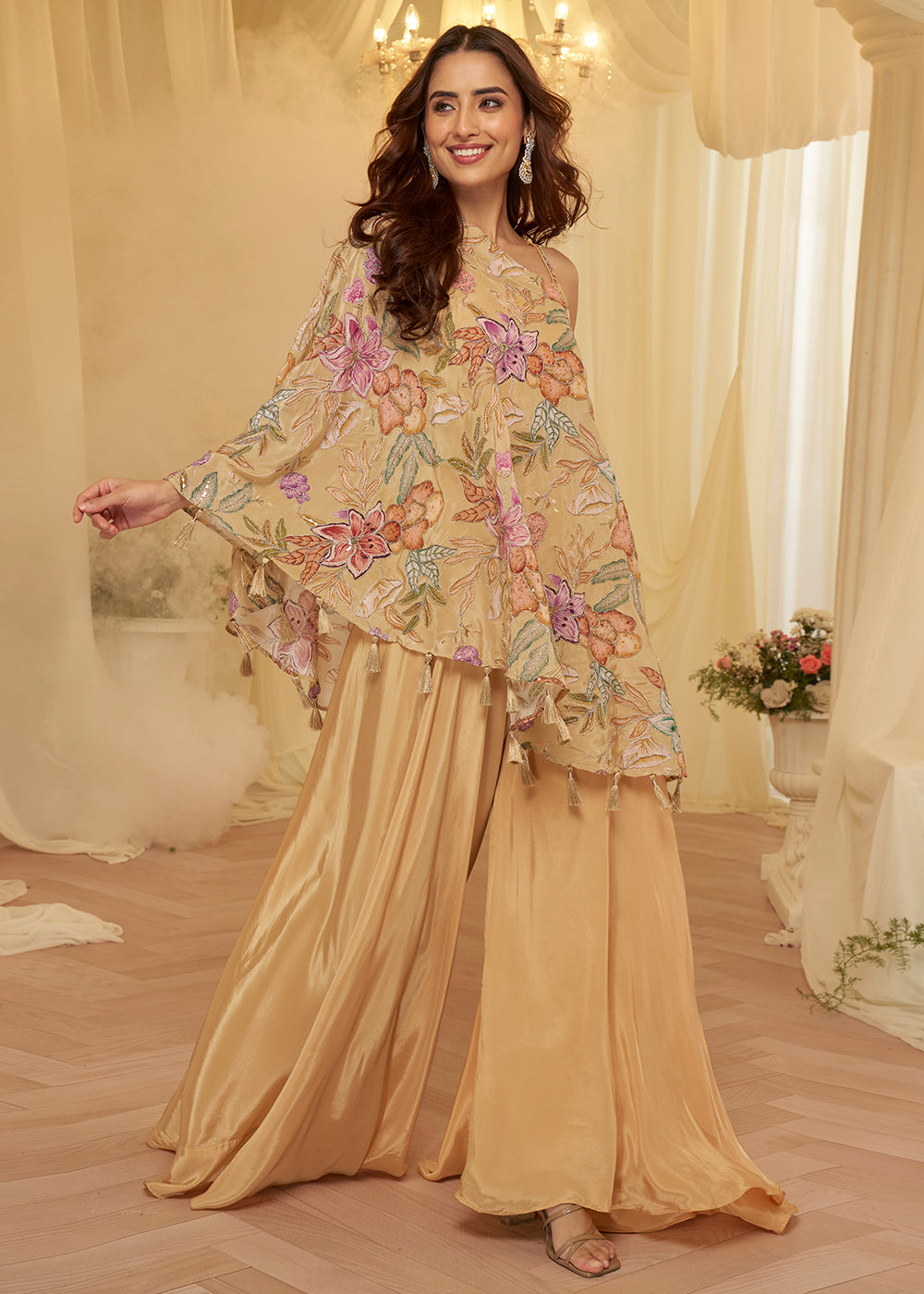Beige Viscose Crepe Stylist Indo Western Palazzo Dress
