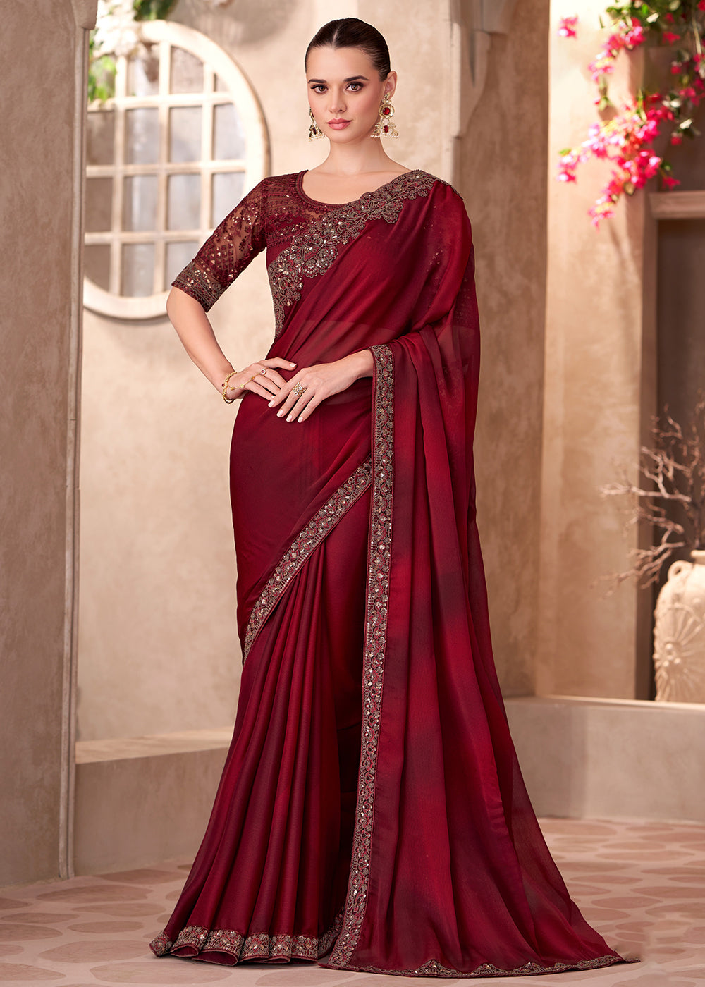 Buy Wedding Saree in Canada Designer Style Maroon Embroidered