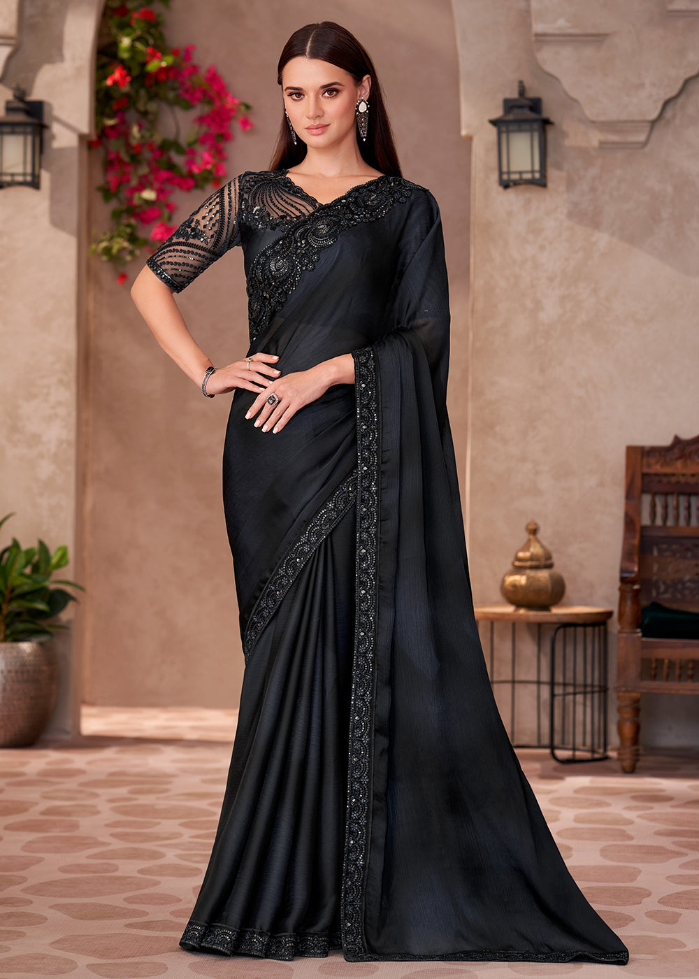 Buy Wedding Saree in France Designer Style Black Embroidered