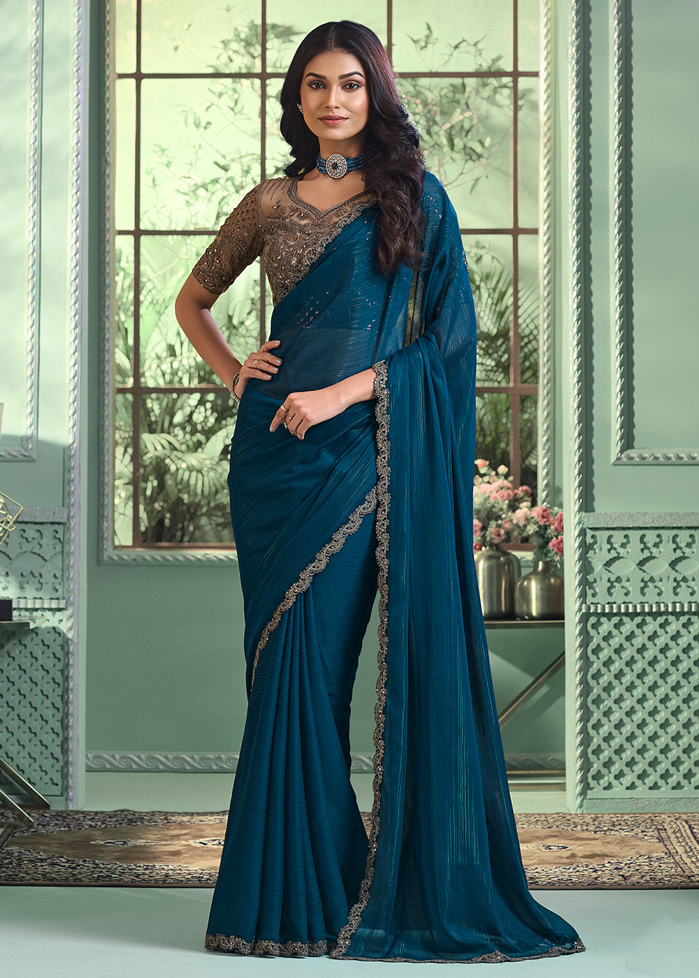 Buy Wedding Party Wear Saree Lovely Teal Georgette Embroidered