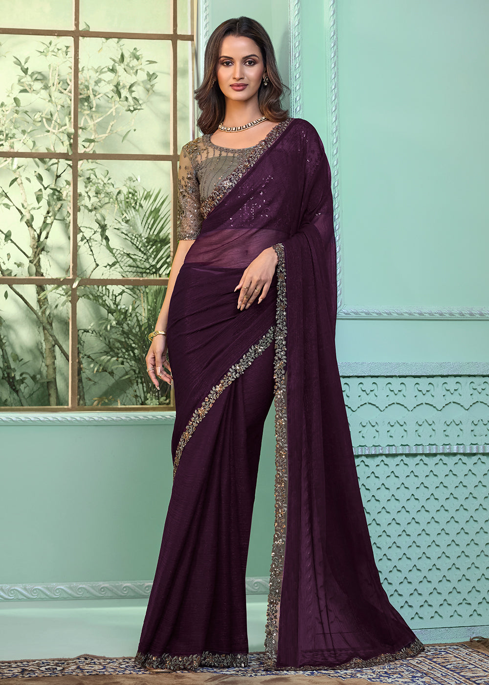 Buy Wedding Party Wear Saree Lovely Purple Chiffon Embroidered
