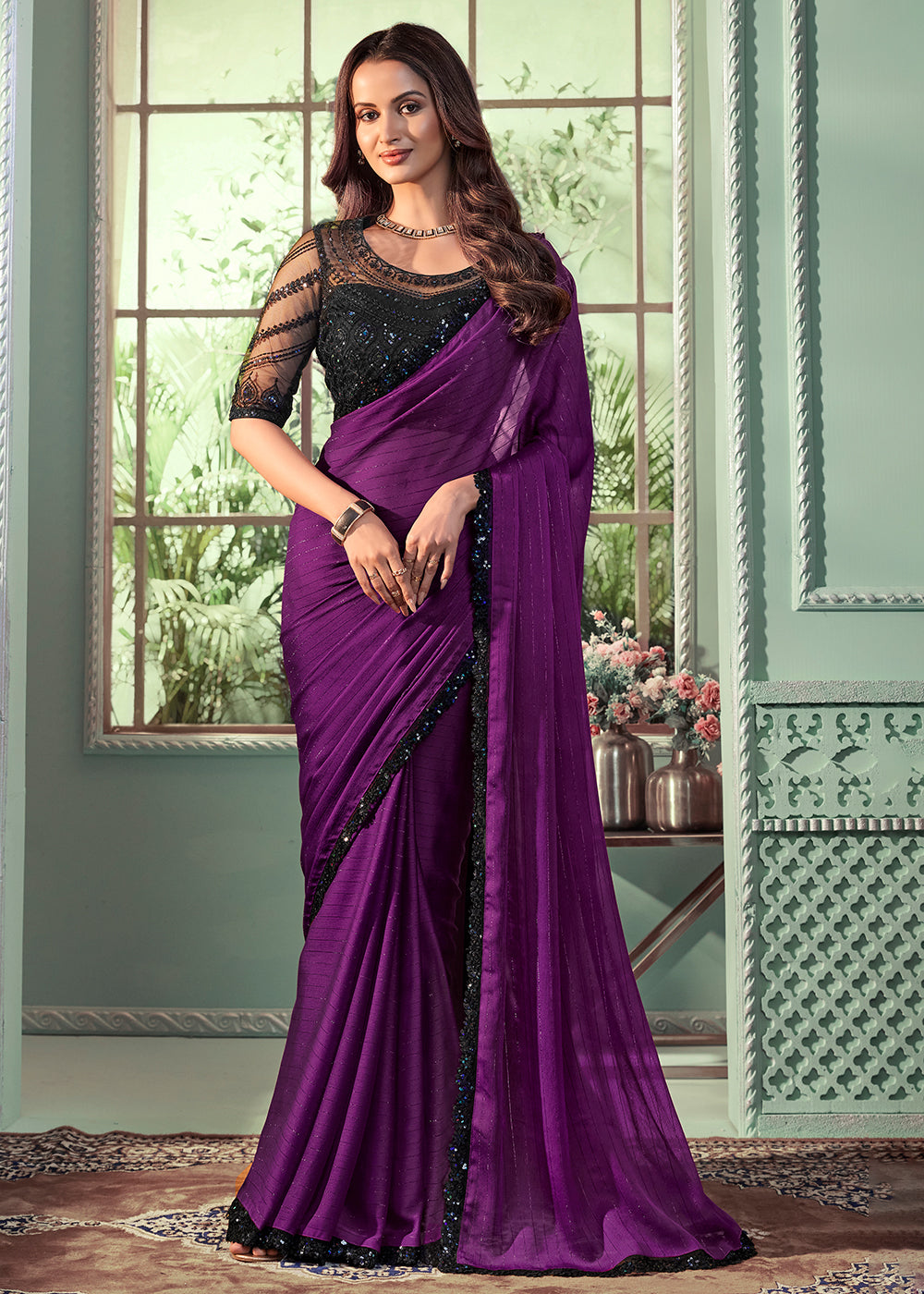 Buy Wedding Party Wear Saree - Violet Georgette Silk Embroidered