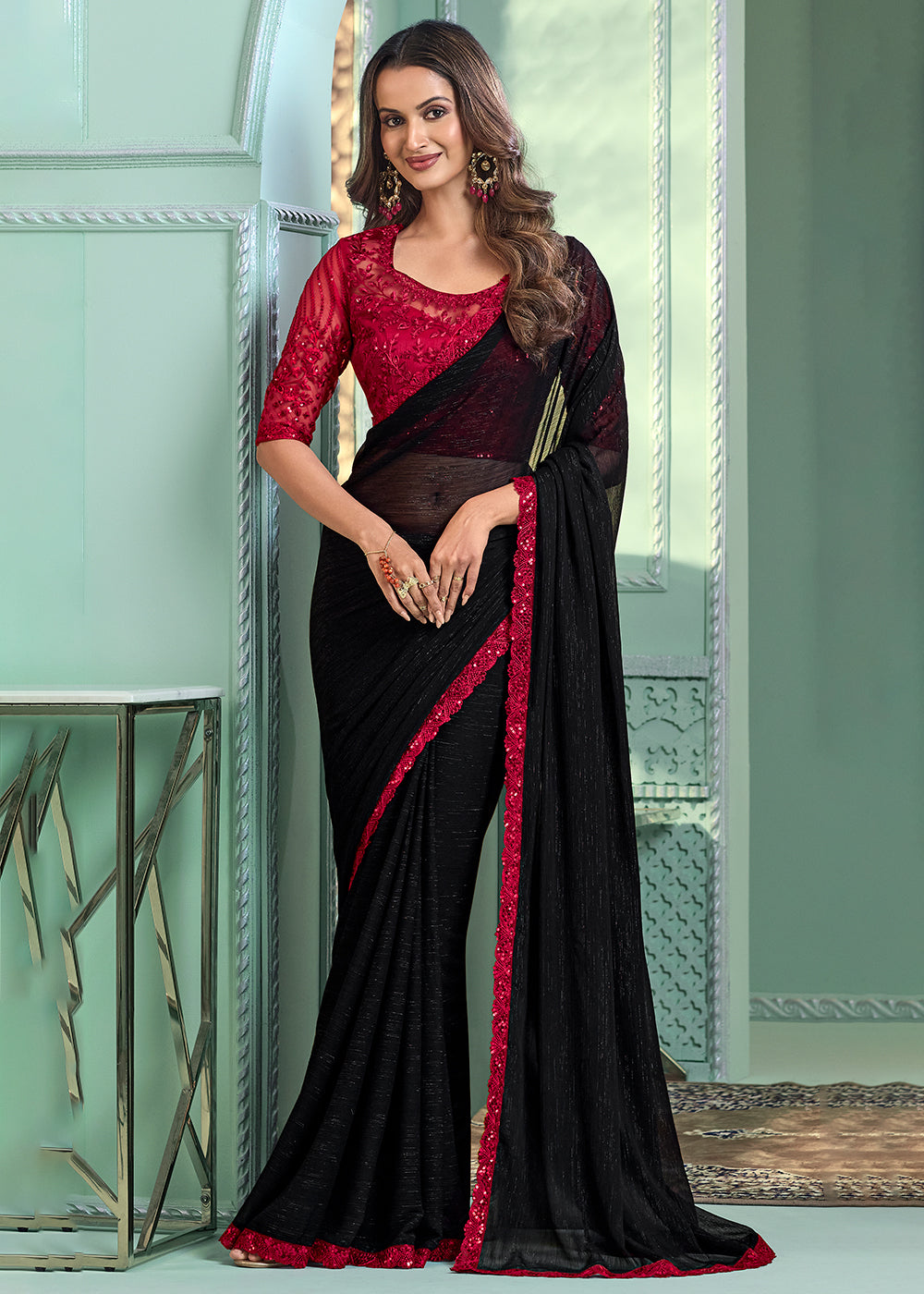Buy Wedding Party Wear Saree Lovely Black Chiffon Embroidered