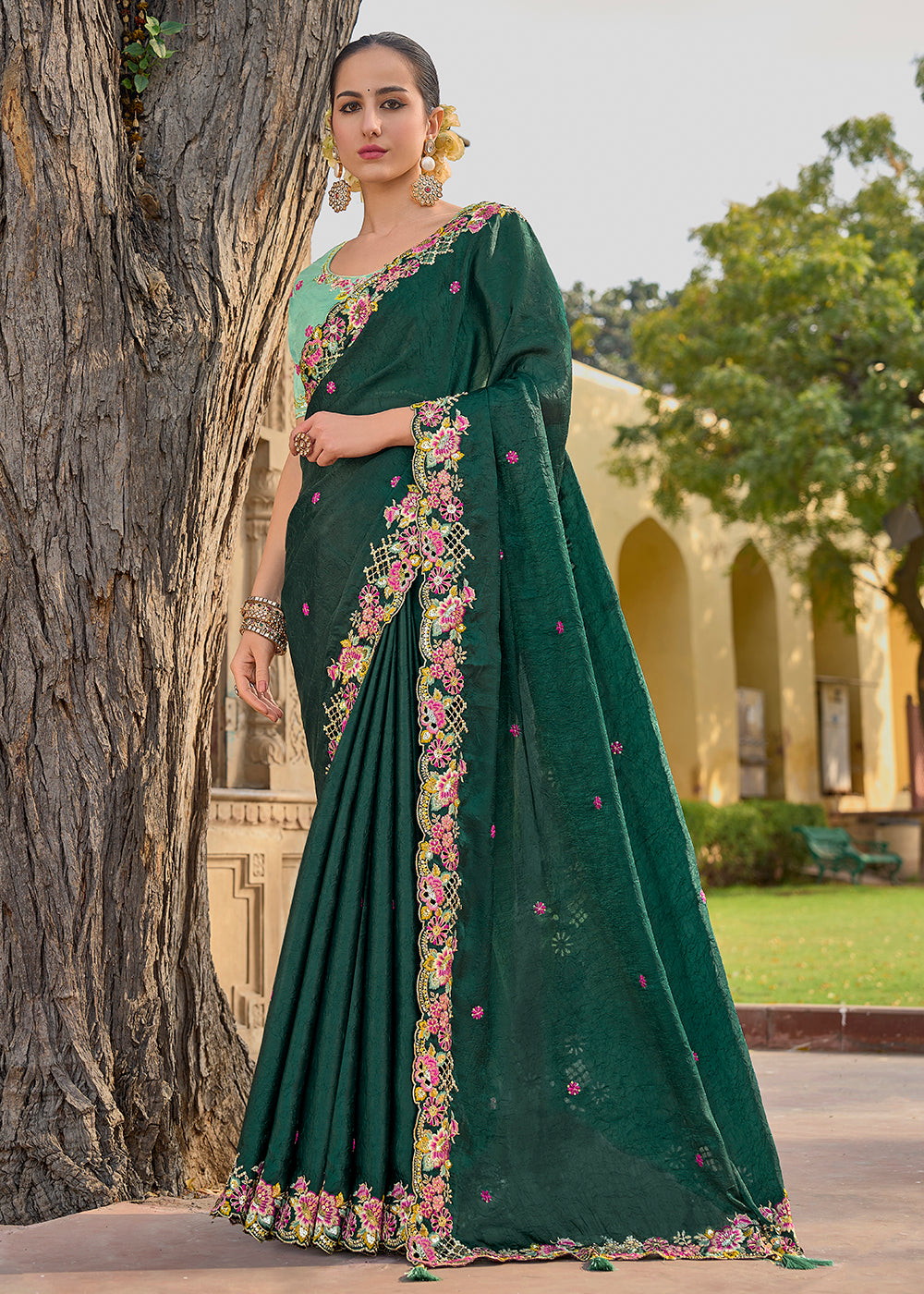 Buy Designer Saree - Dark Green Fancy Tissue Organza Silk Saree Empress Clothing Buy Designer Saree - Dark Green Fancy Tissue Organza Silk Saree Empress Clothing