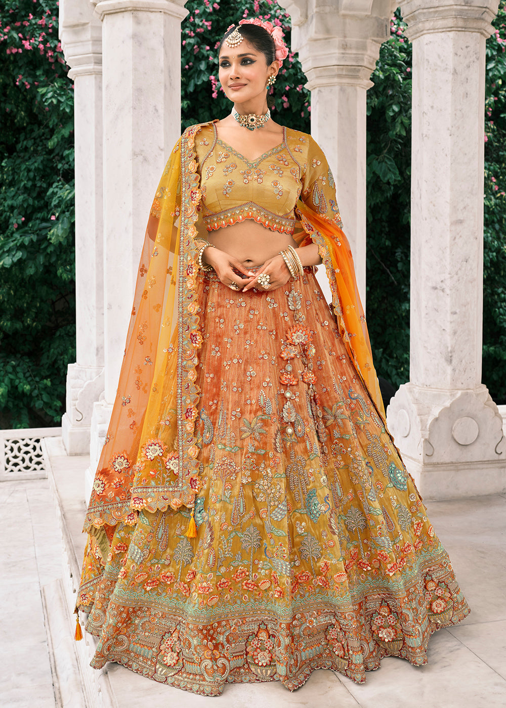 Buy Bridal Silk Lehenga Choli Designer Orange Yellow Lehenga