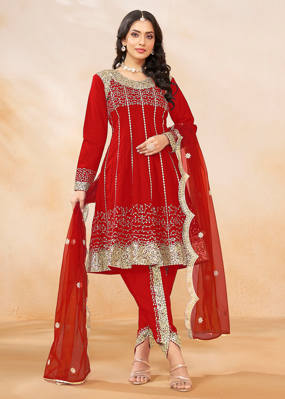 Buy Festive Party Suit in UK Charming Red Punjabi Dhoti Style
