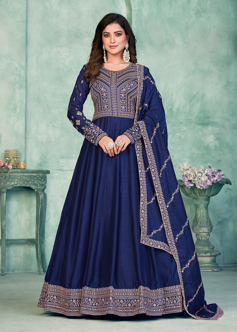 Anarkali Suit Dark Blue Navy Blue Anarkali Gown With Embroidery Work On Neck And Sleeves Anarkali Suit Dark Blue Navy Blue Anarkali Gown With Embroidery Work On Neck And Sleeves
