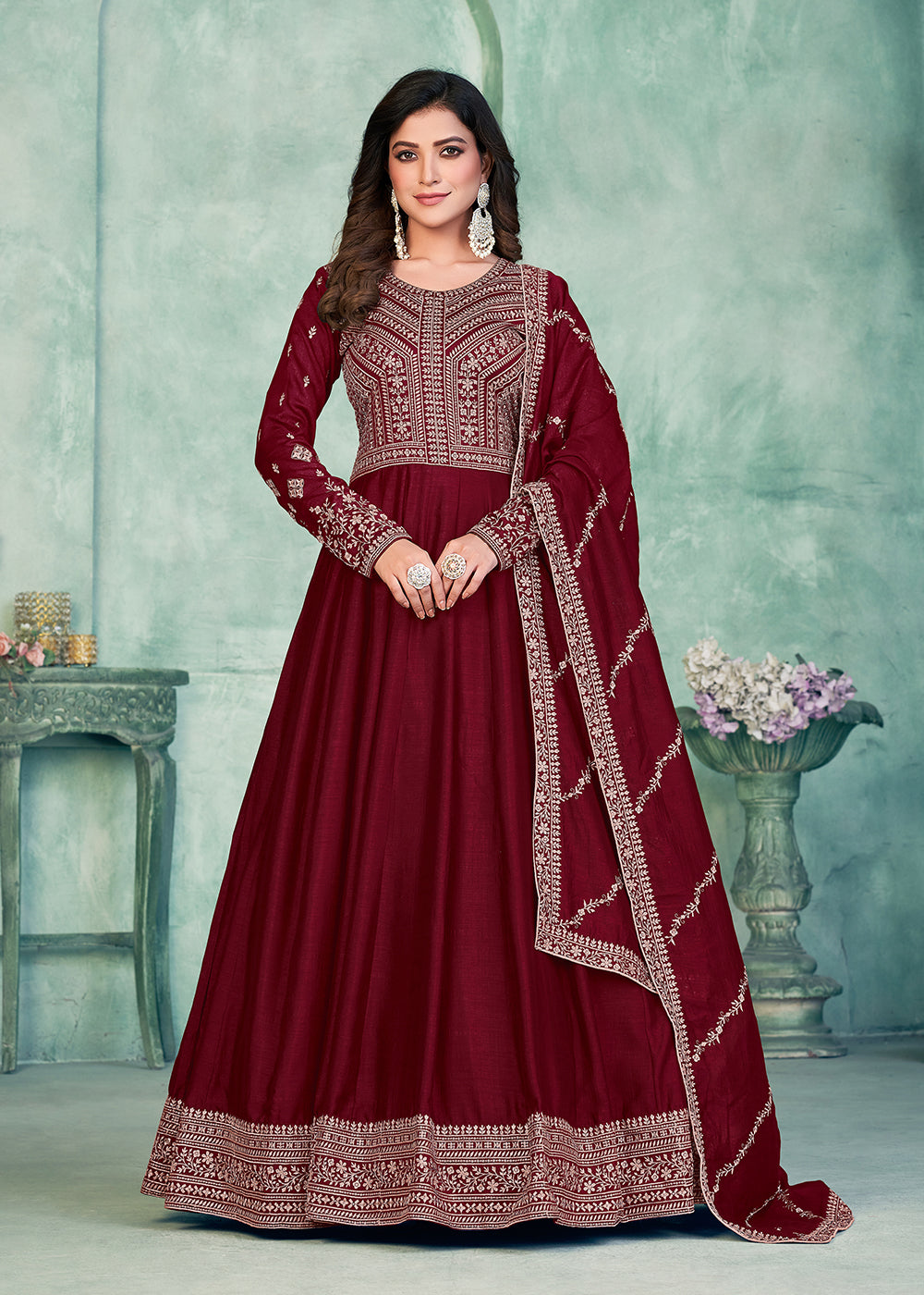 Buy Festive Style Anarkali Tempting Maroon Art Silk Anarkali