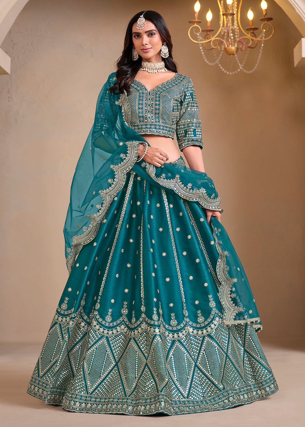 Buy A Line Lehenga Wedding Wear Morpich Embroidered Lehenga