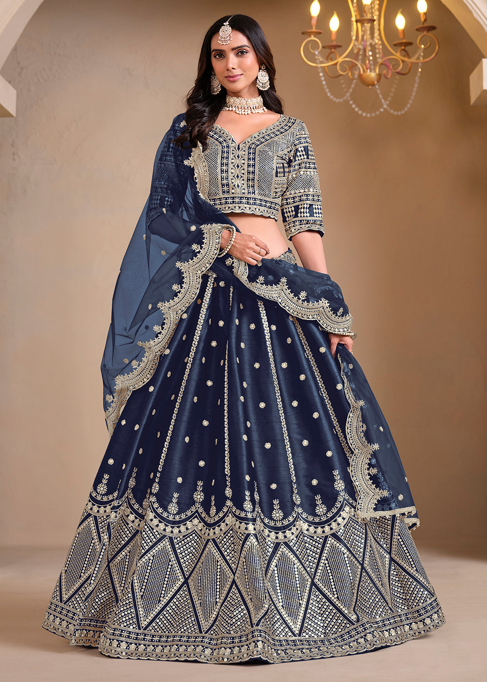 Buy A Line Lehenga Choli Wedding Wear Blue Embroidered Lehenga