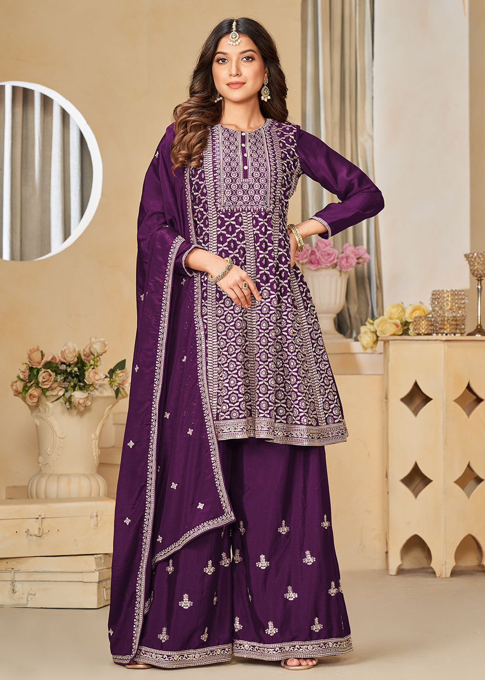 Buy Eid Palazzo Salwar Suit Chinnon Purple Embroidered Palazzo