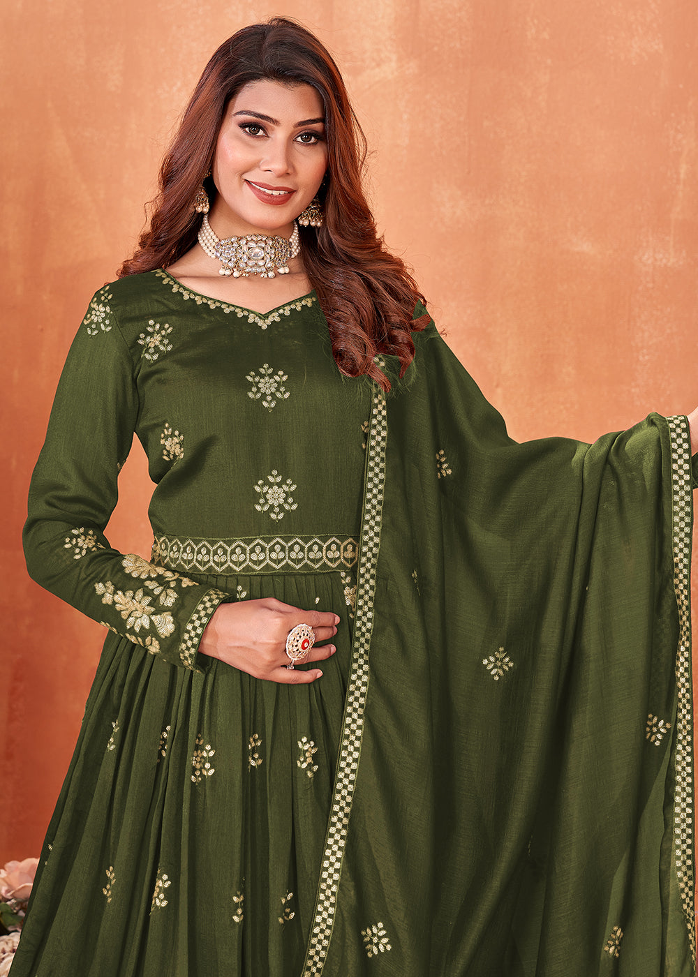 Buy Now Mehndi Green Festive Embroidered Art Silk Anarkali Suit Online in USA, UK, Australia, New Zealand, Canada & Worldwide at Empress Clothing.