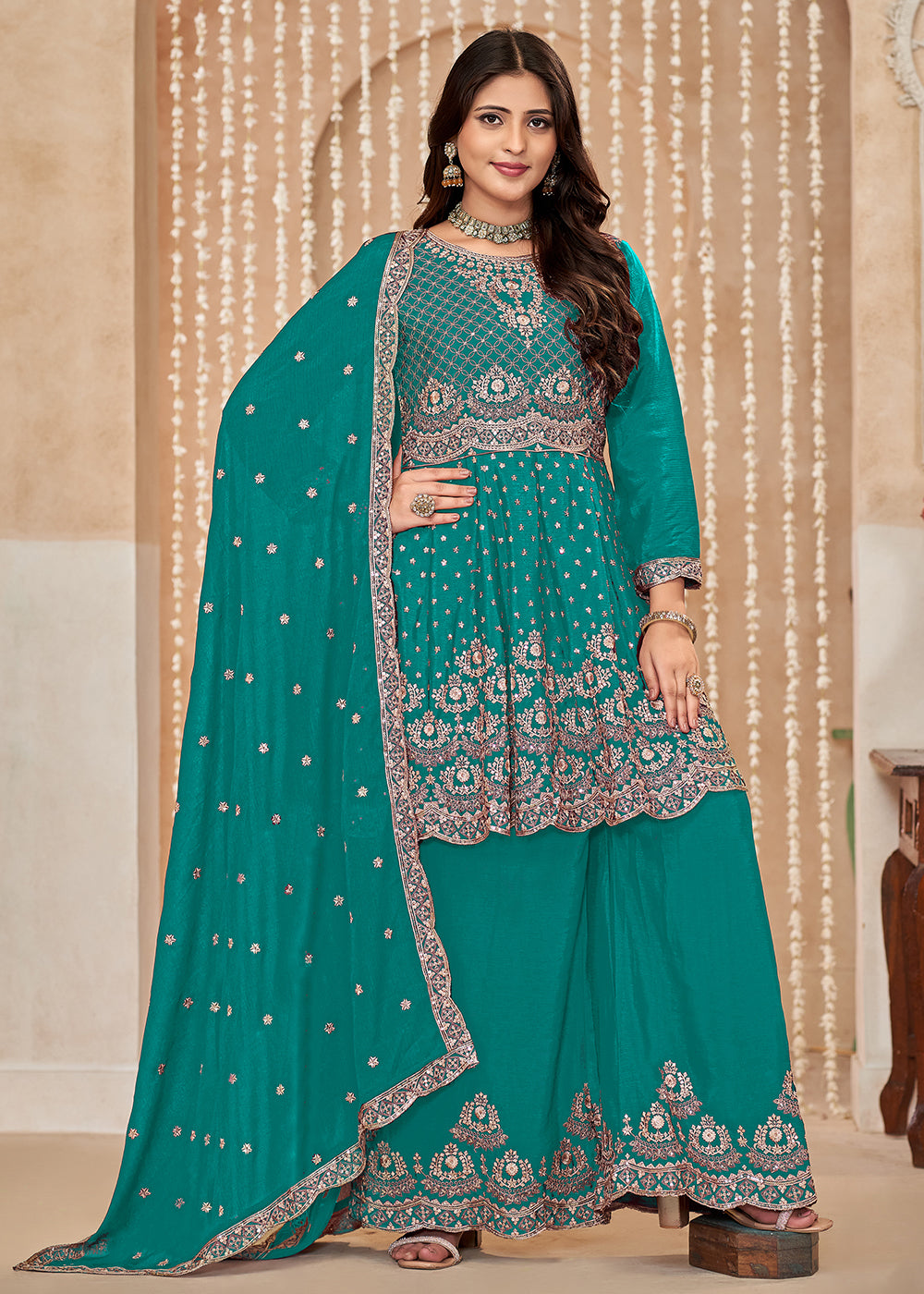 Buy Palazzo Suit in USA - Palazzo Style Rama Green Embroidered Suit   Empress Clothing