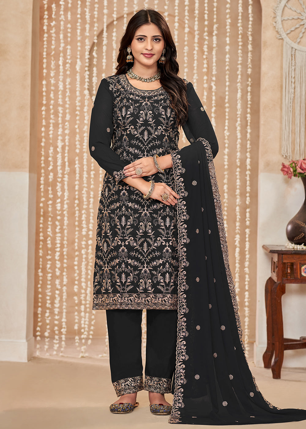 Salwar Suit in US Festive Style Black Zari Embroidered Salwar