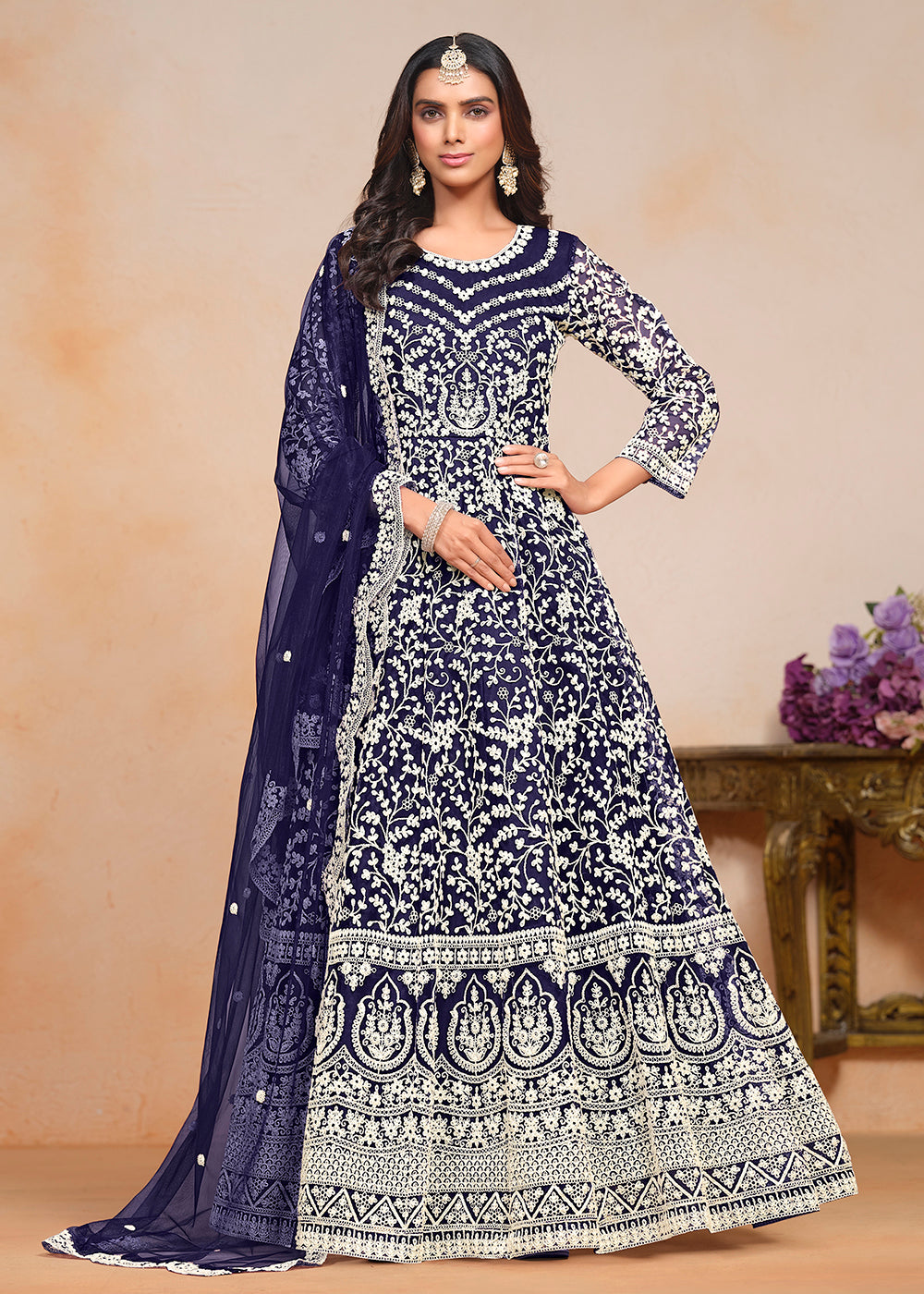 blue net dress designs Toe Length Blue Designer Neck, Gown with Net Dupatta Dress