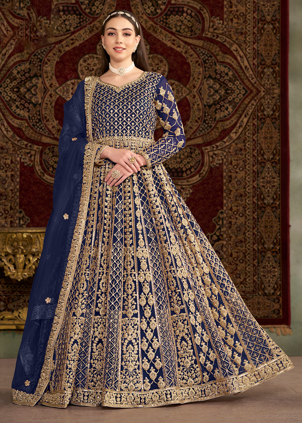 Buy Wedding Anarkali - Navy Blue All Over Embroidered Net Anarkali Gown Buy Wedding Anarkali - Navy Blue All Over Embroidered Net Anarkali Gown