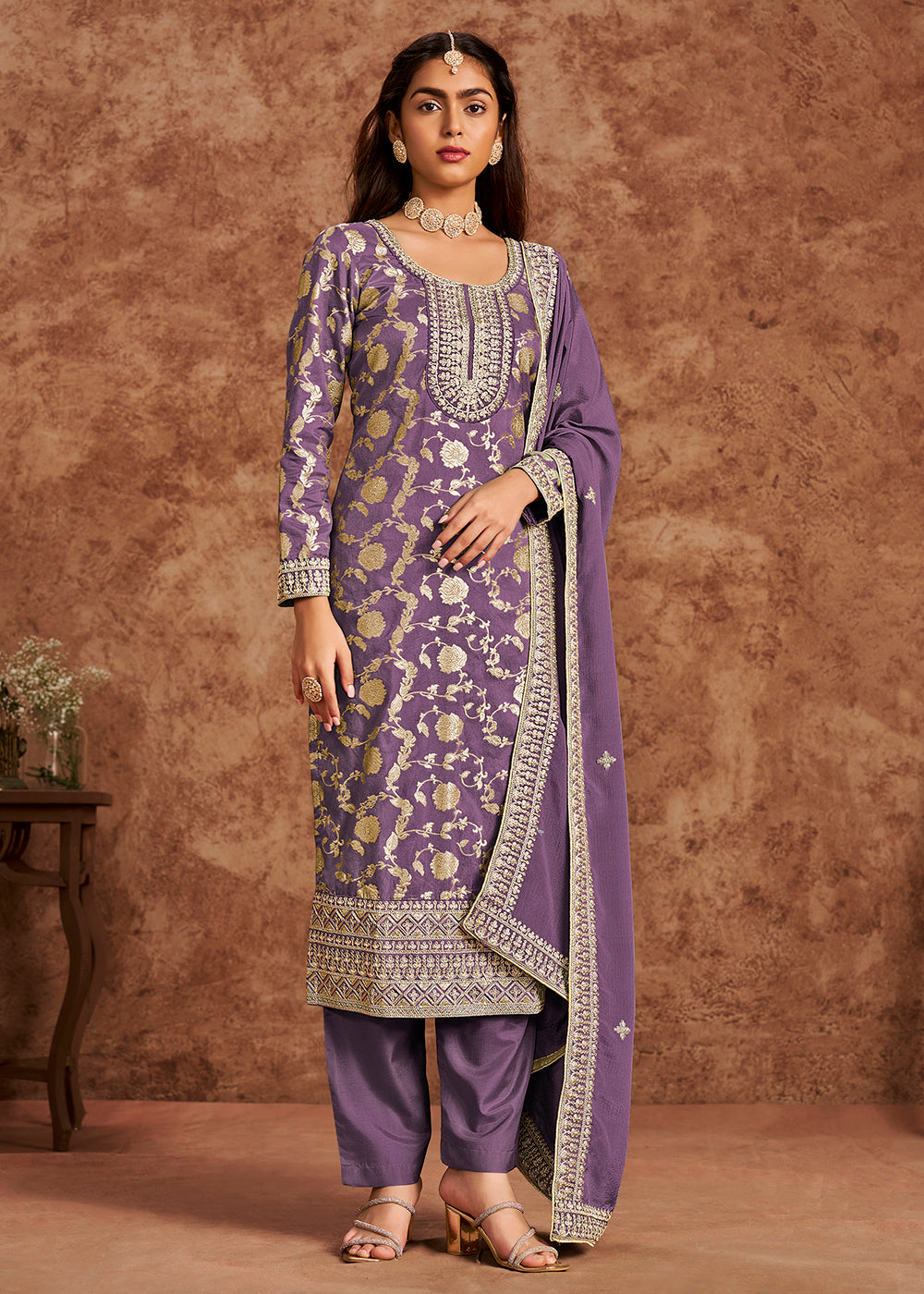 Buy Festive Salwar kameez in Canada Purple Dola Silk Jacquard