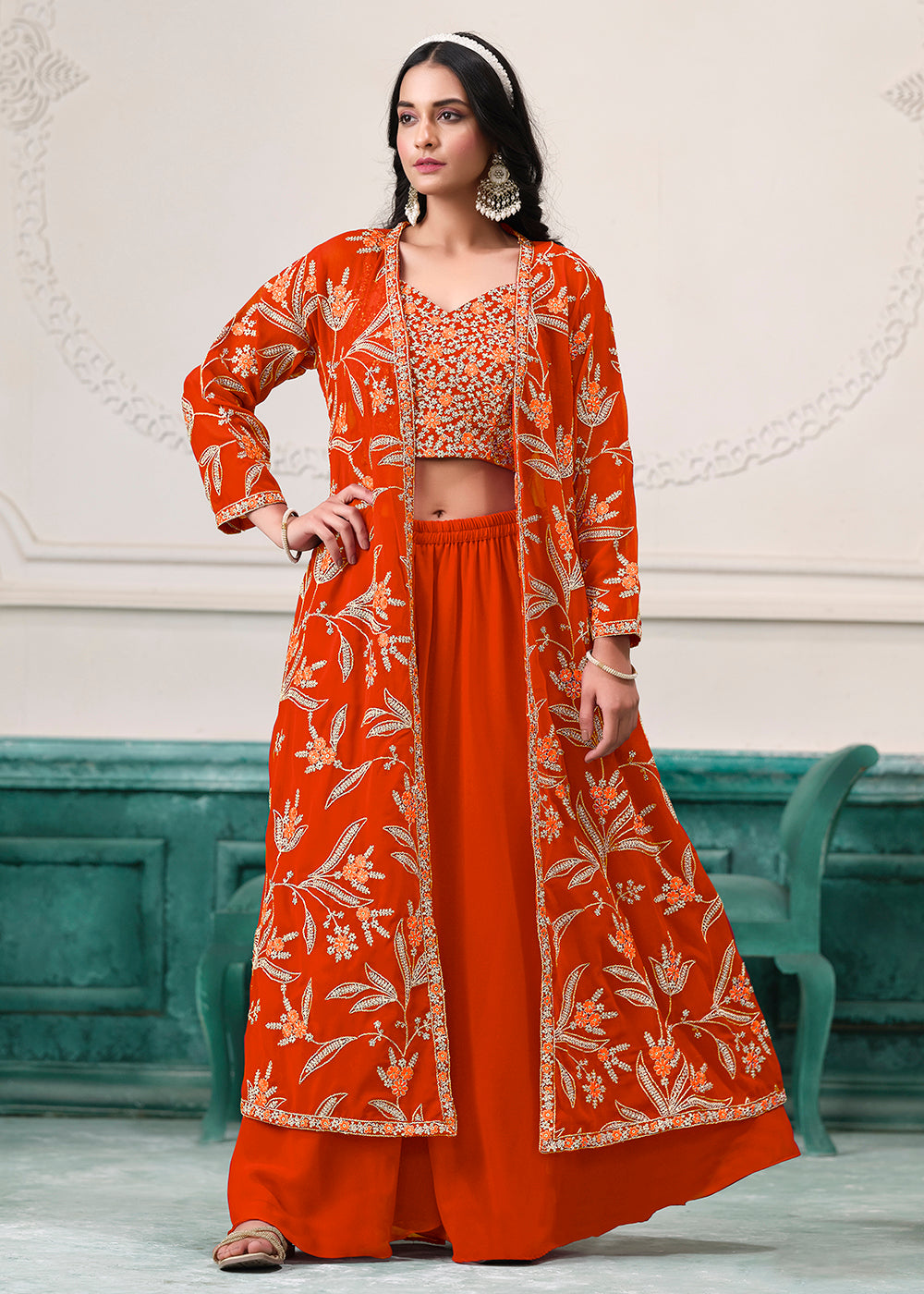 Buy Jacket Style Sharara Suit Indo Western Orange Embroidered