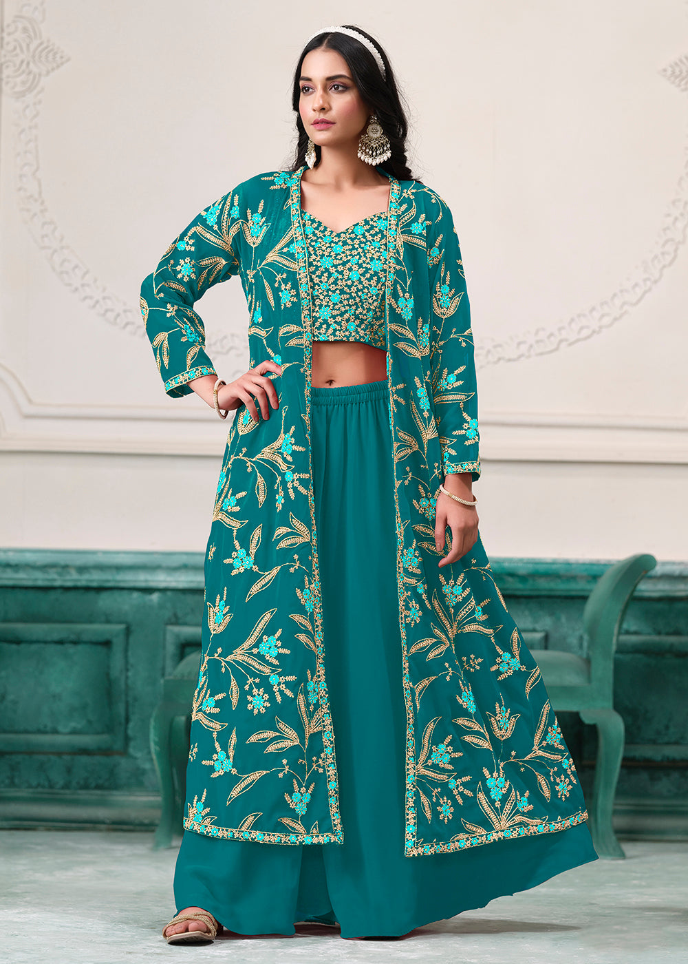 Buy Jacket Style Sharara Suit USA Indo Western Rama Embroidered