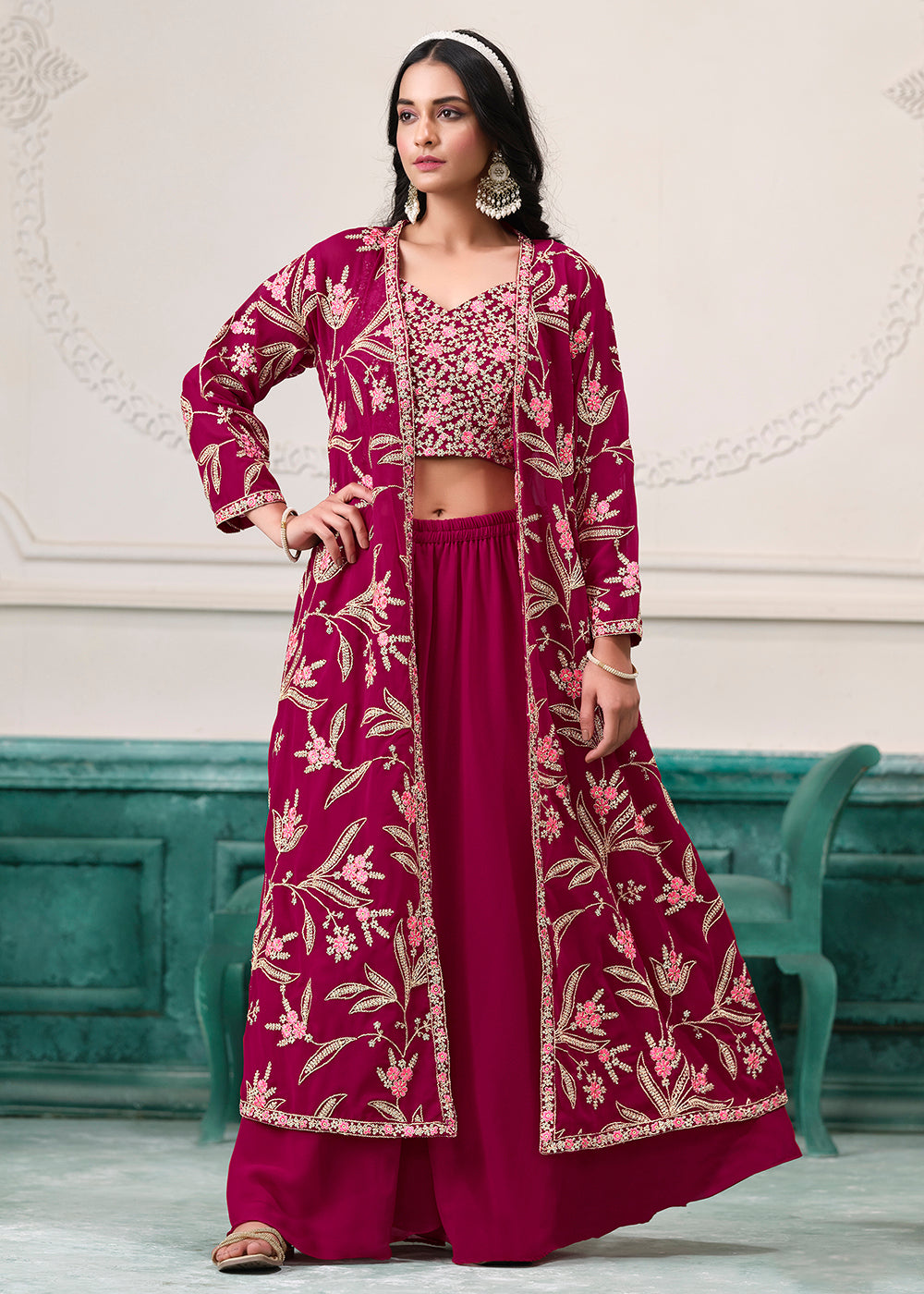 Indo Western Pink Embroidered Jacket Style Sharara Suit