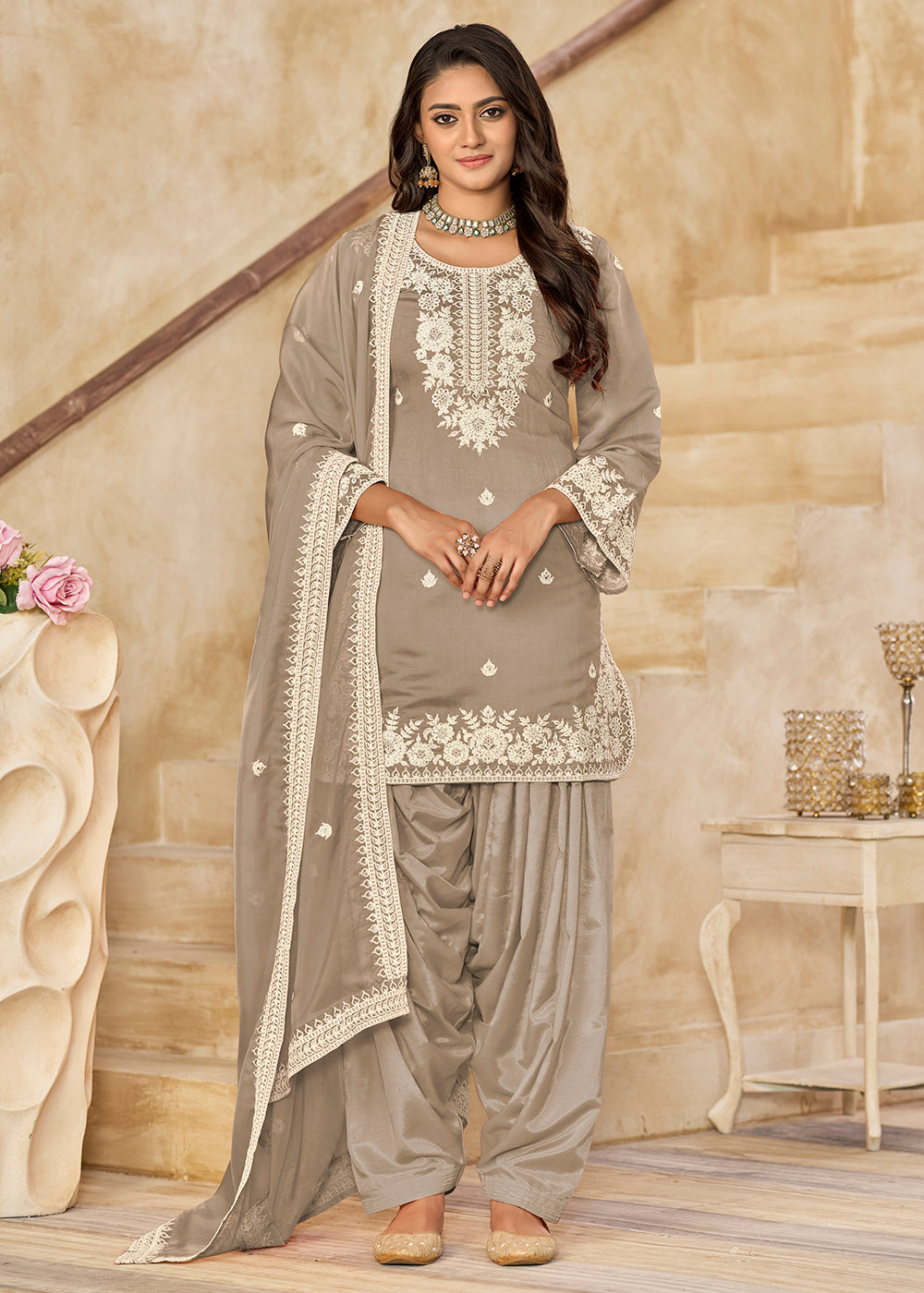 Buy Punjabi Patiala Suit in Canada Grey Roman Silk Embroidered