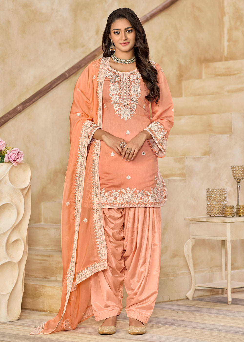 Peach Roman Silk Embroidered Punjabi Patiala Suit