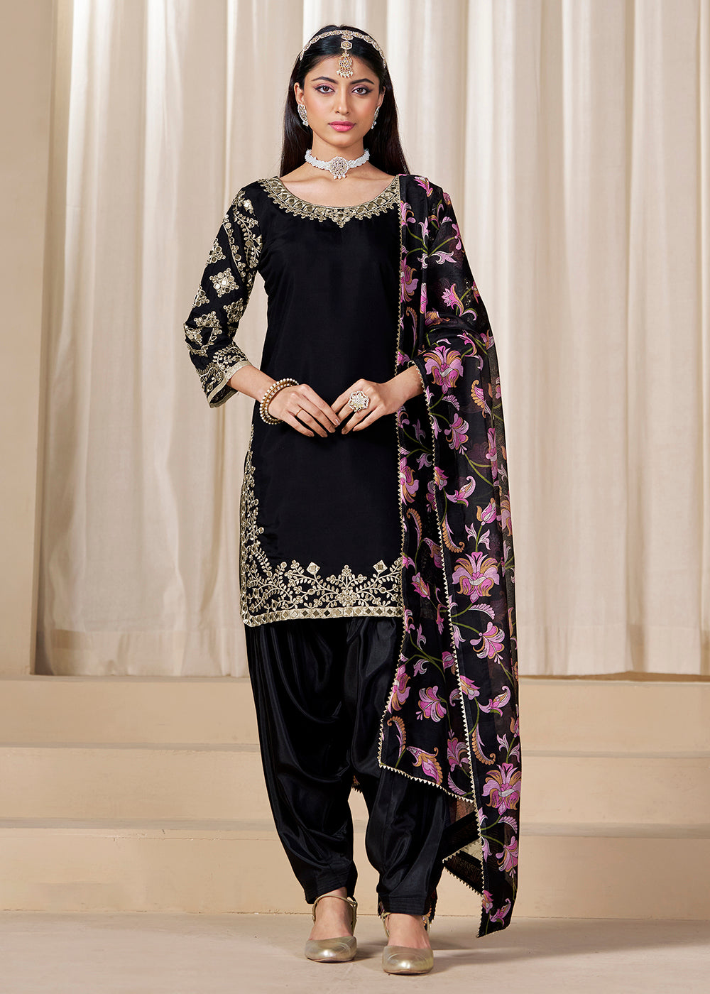Mirror Work Black Embroidered Punjabi Suit - Main Image