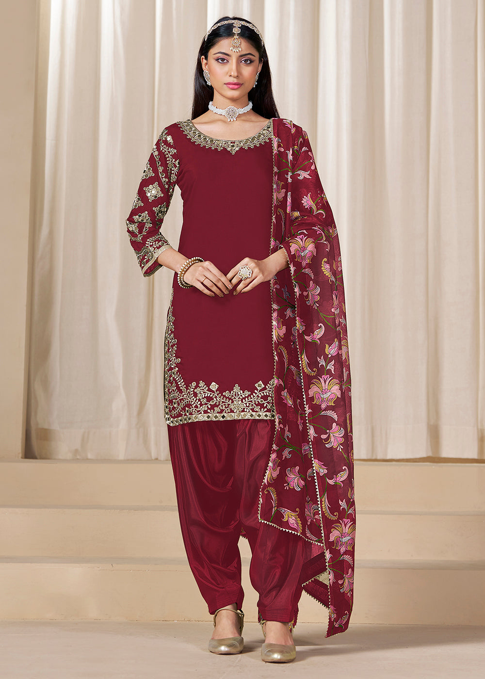 Mirror Work Maroon Embroidered Punjabi Suit