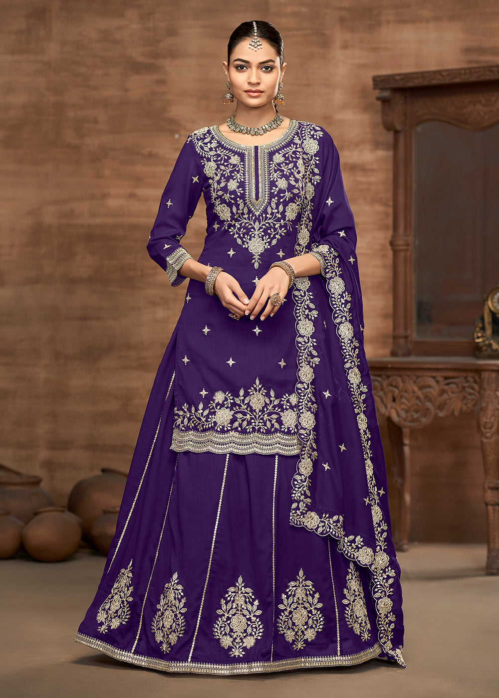 Buy Lehenga Style Suit US Purple Kurti Style Embroidered Silk