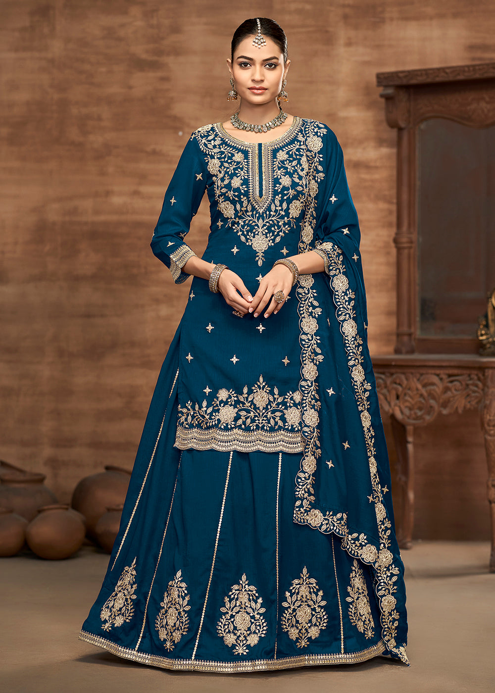 Blue Kurti Style Embroidered Silk Lehenga Style Suit