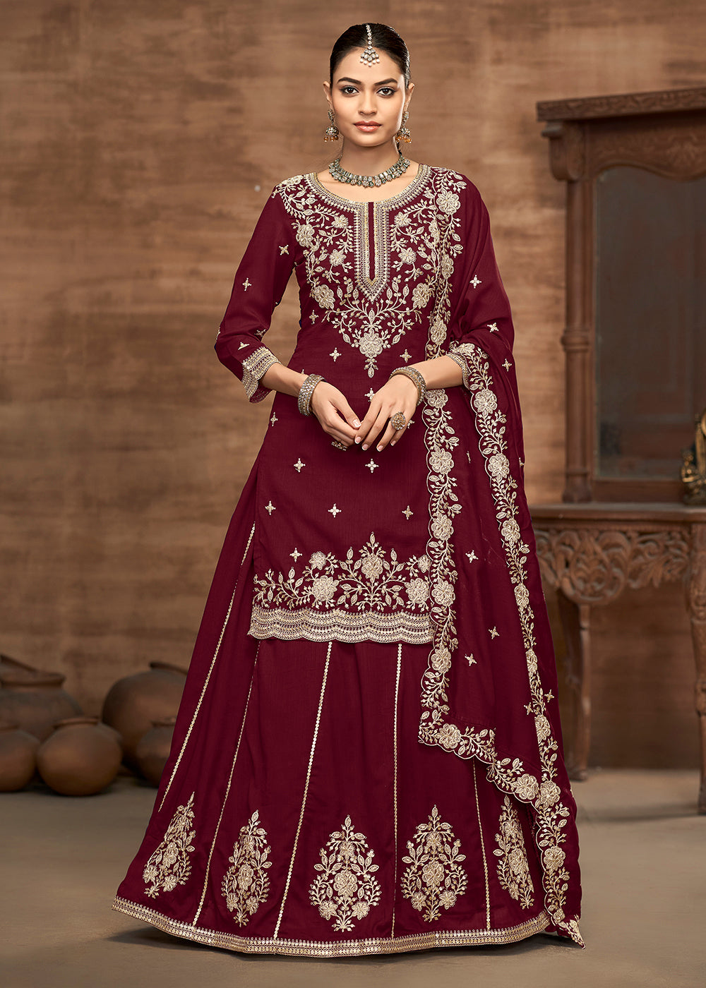 Maroon Kurti Style Embroidered Silk Lehenga Style Suit