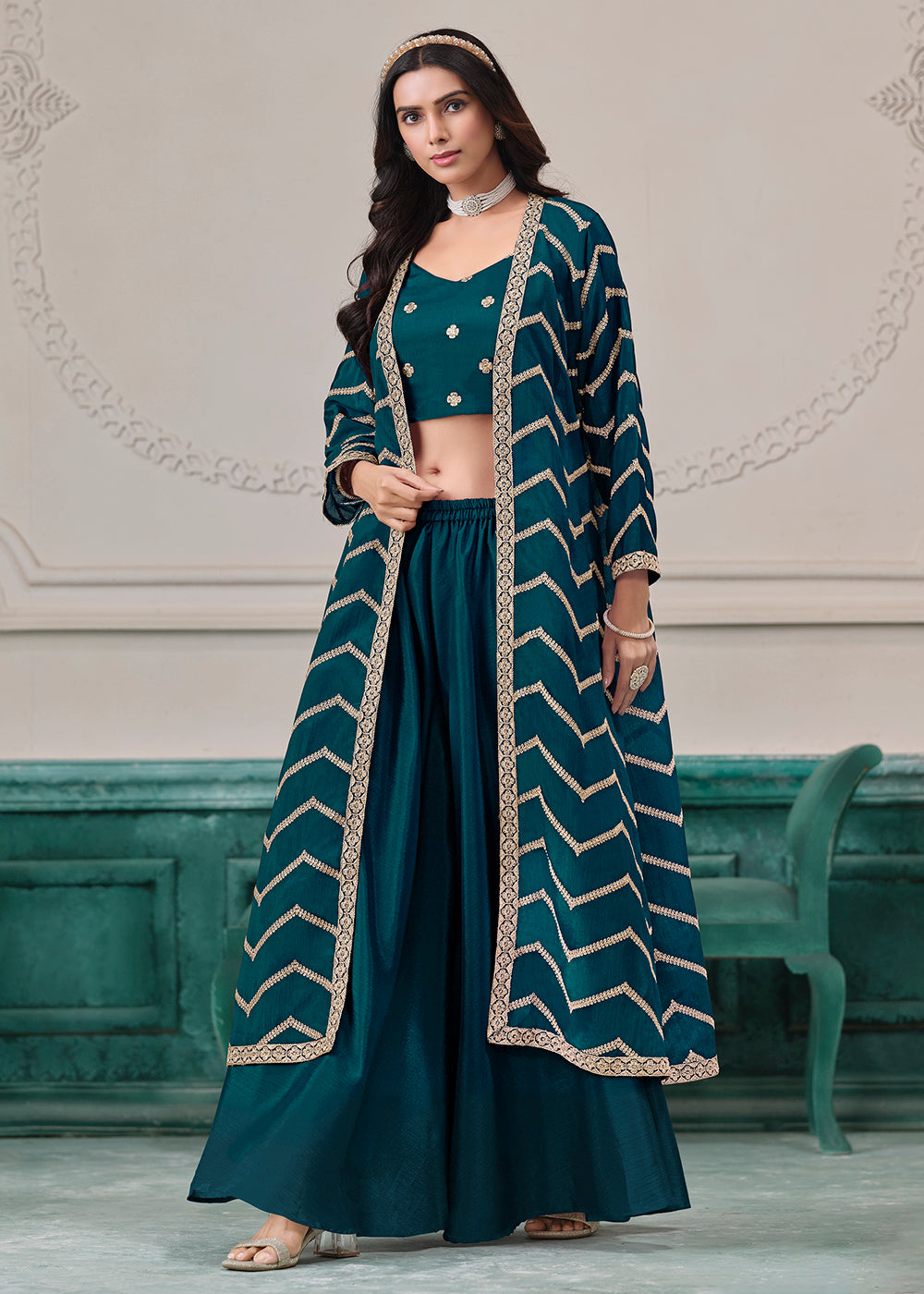 Buy Indo Western Sharara Suit in USA Teal Jacket Style Sharara