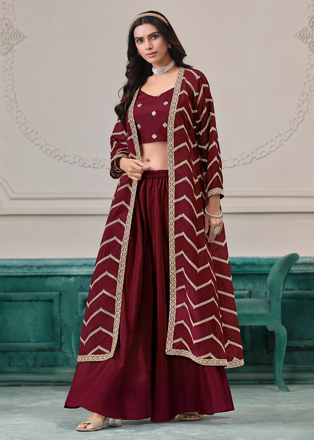 Buy Indo Western Sharara Suit in UK Maroon Jacket Style Sharara