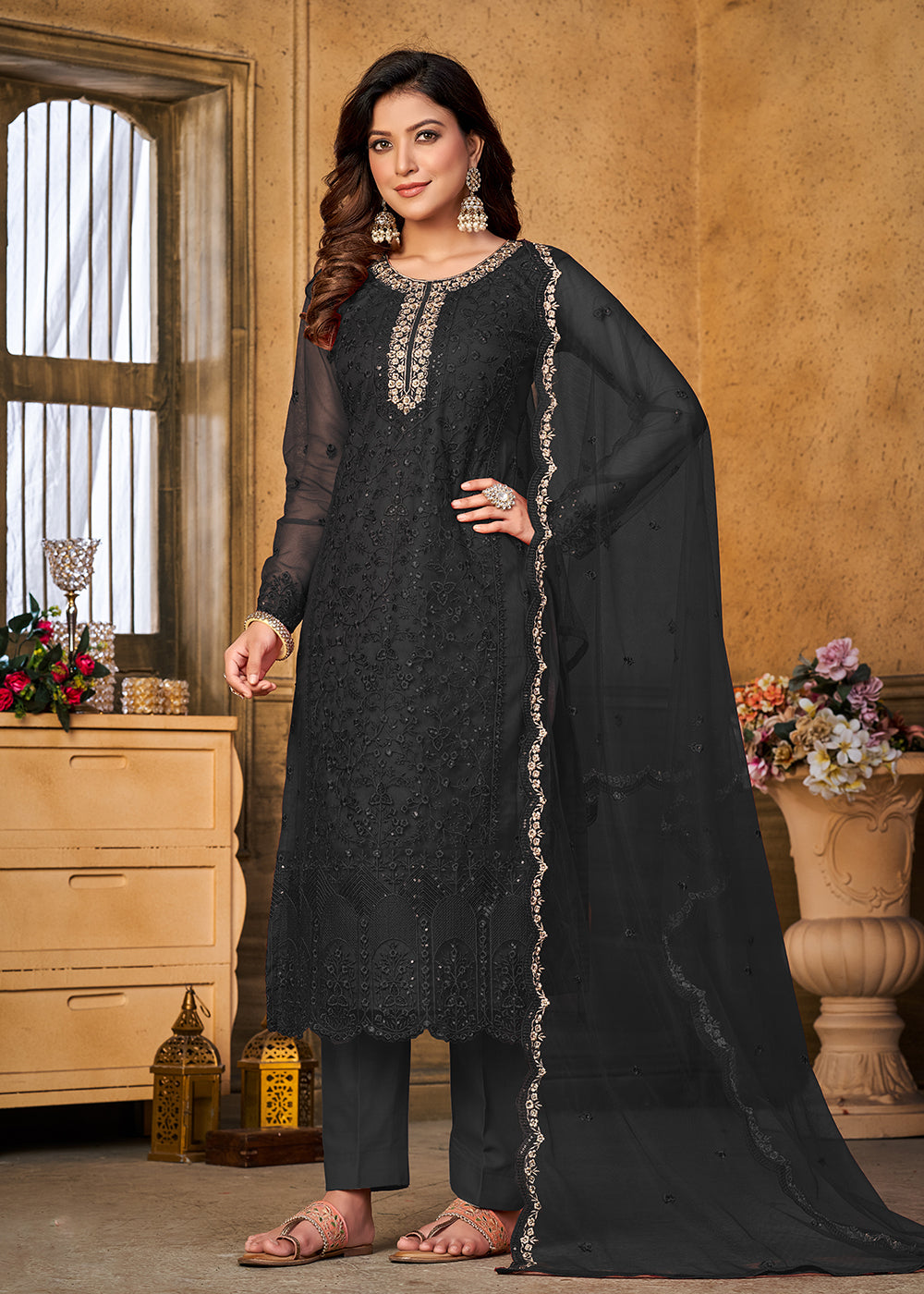 Festive Party Black Net Embroidered Trendy Salwar Suit
