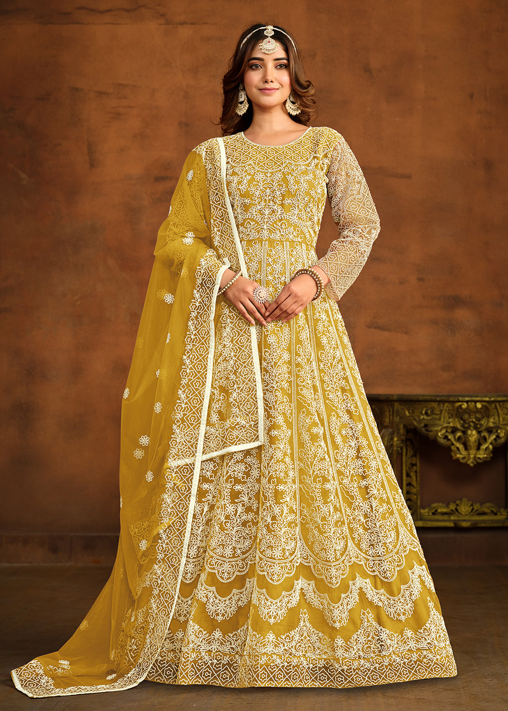 Wedding Party Slit Cut Yellow Net Designer Anarkali Suit