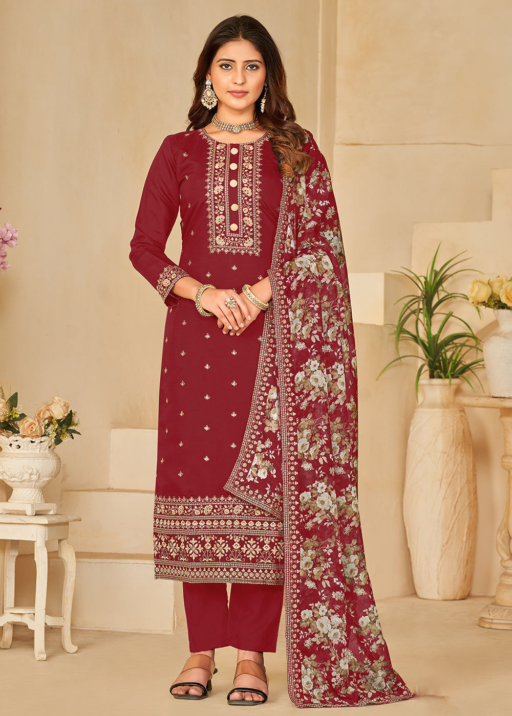 Ethnic Salwar Suit Pant Style Maroon Silk Embroidered Salwar