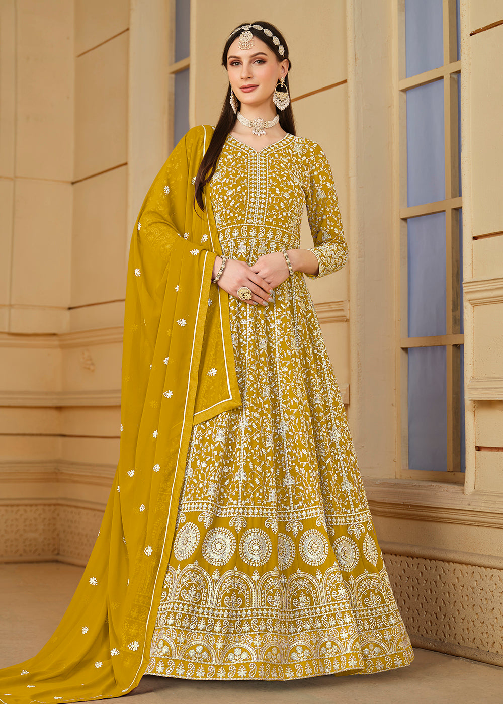 Wedding Anarkali Suit - Mustard Yellow Thread & Sequins Anarkali Suit Wedding Anarkali Suit - Mustard Yellow Thread & Sequins Anarkali Suit