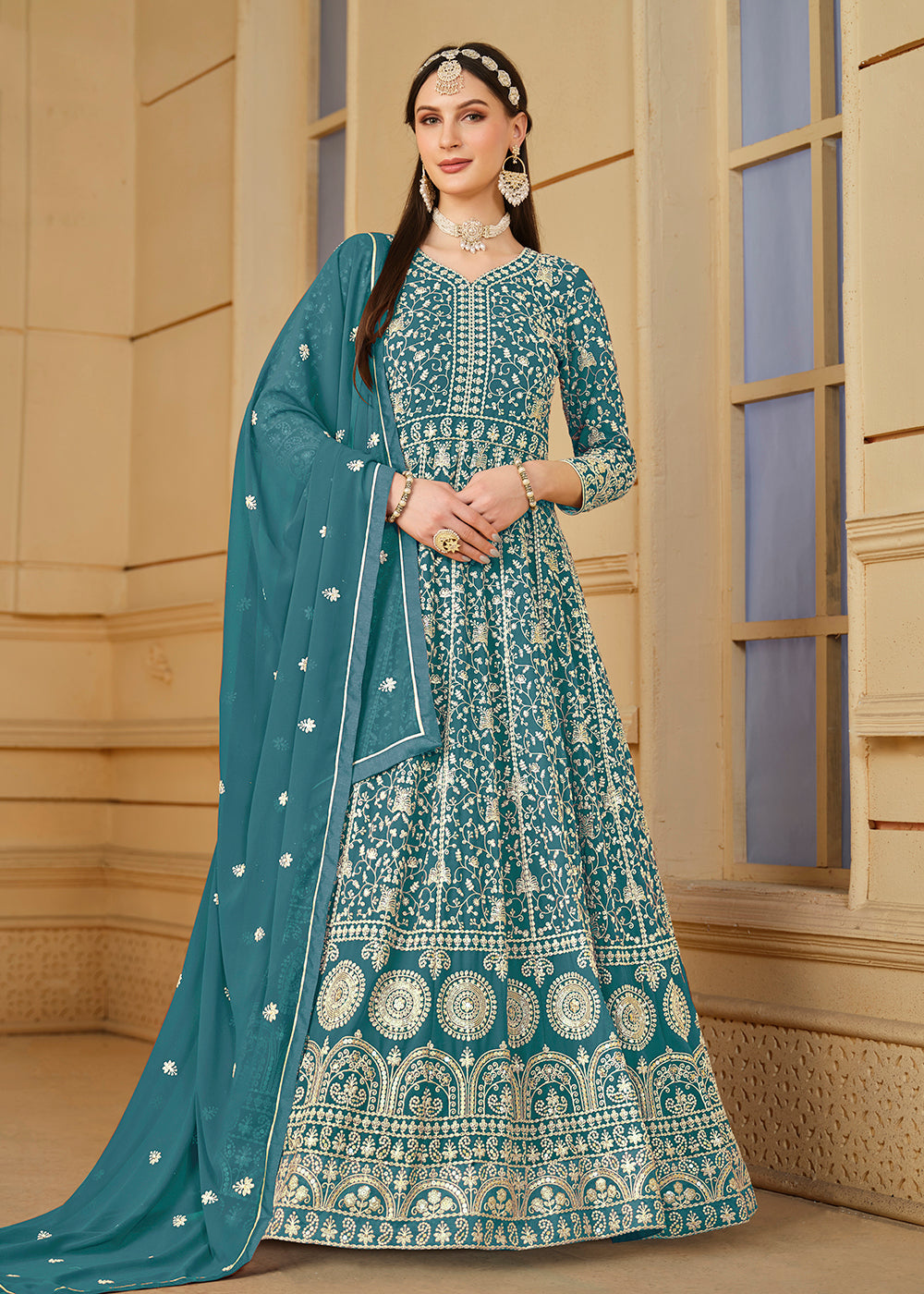 Buy Wedding Anarkali Suit - Turquoise Thread & Sequins Anarkali Suit Buy Wedding Anarkali Suit - Turquoise Thread & Sequins Anarkali Suit