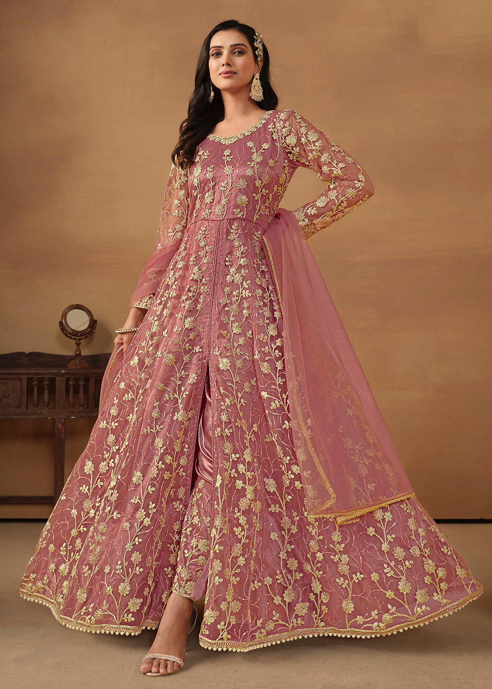 Wedding Anarkali - Pant Style Coral Pink Embroidered Net Anarkali Suit –  Empress Clothing