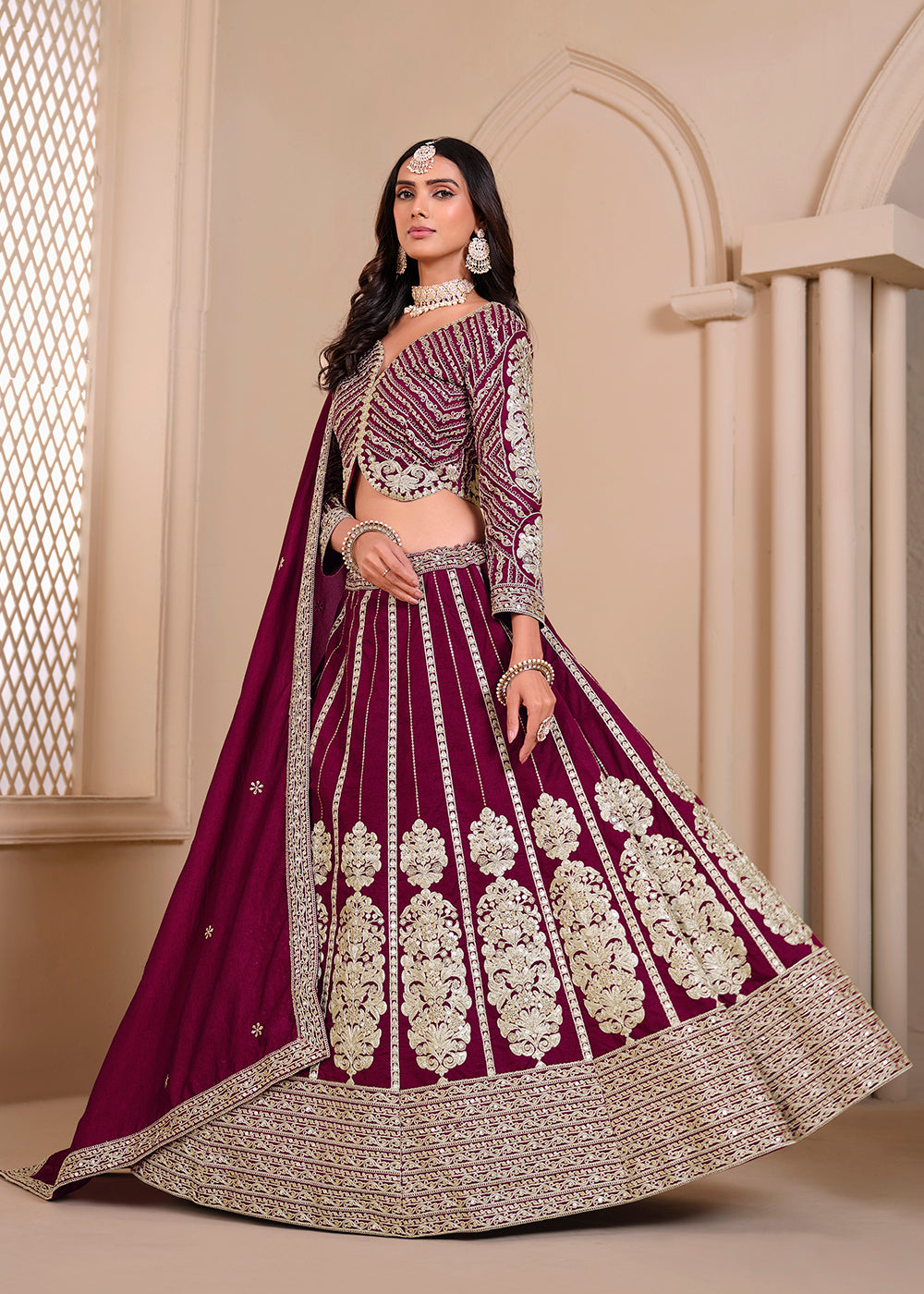 Shimmer Art Silk Wine Party Wear Lehenga Choli