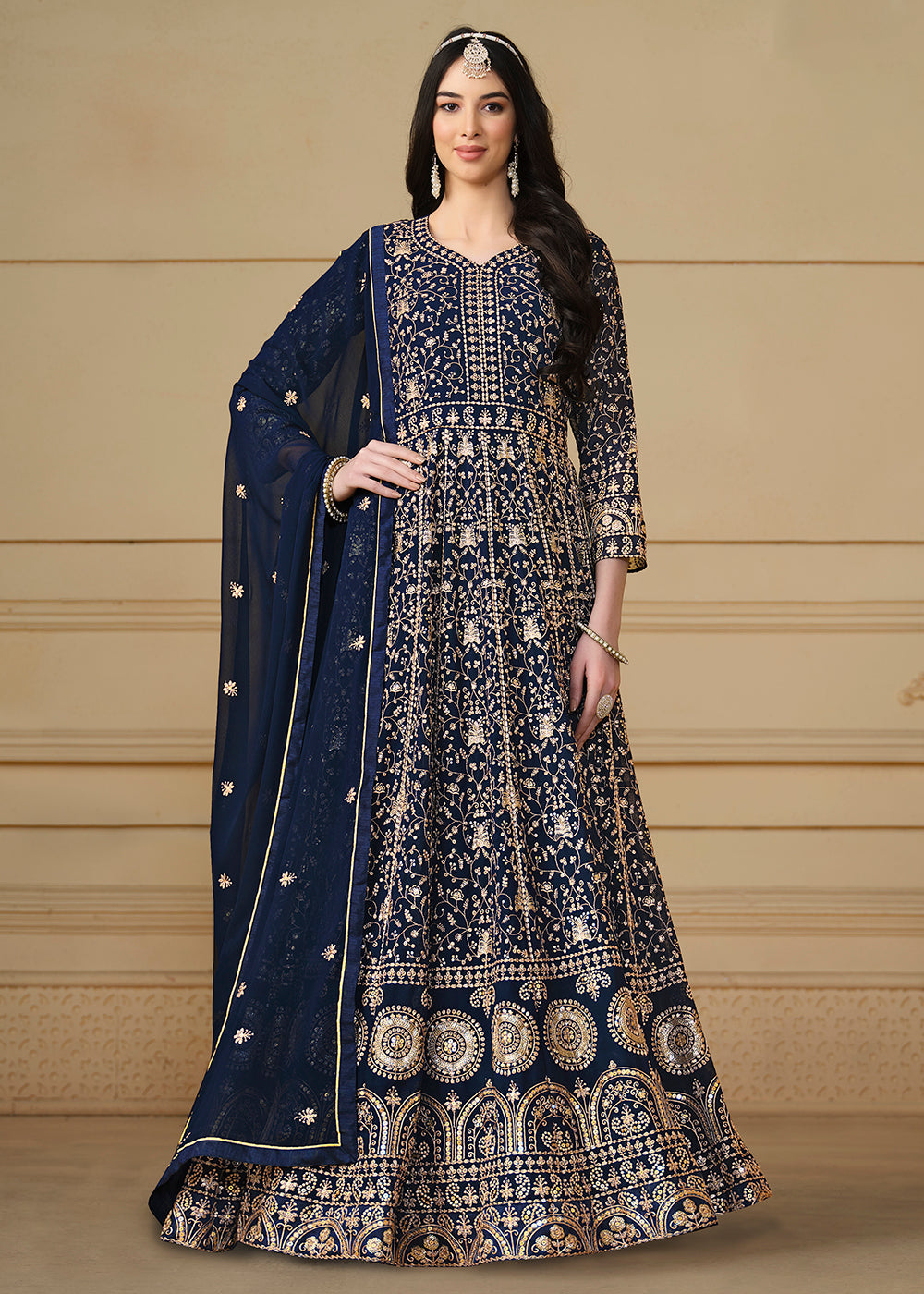 blue and gold anarkali dress Blue Zari Sequins Georgette Anarkali Suit Wedding Wear
